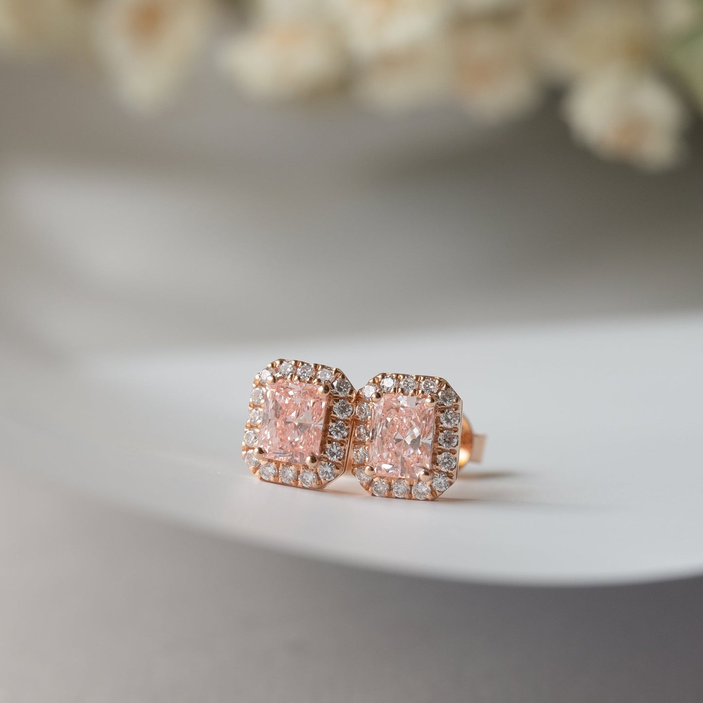 Lab Grown Diamond | Radiant Cut Pink Diamond Earrings