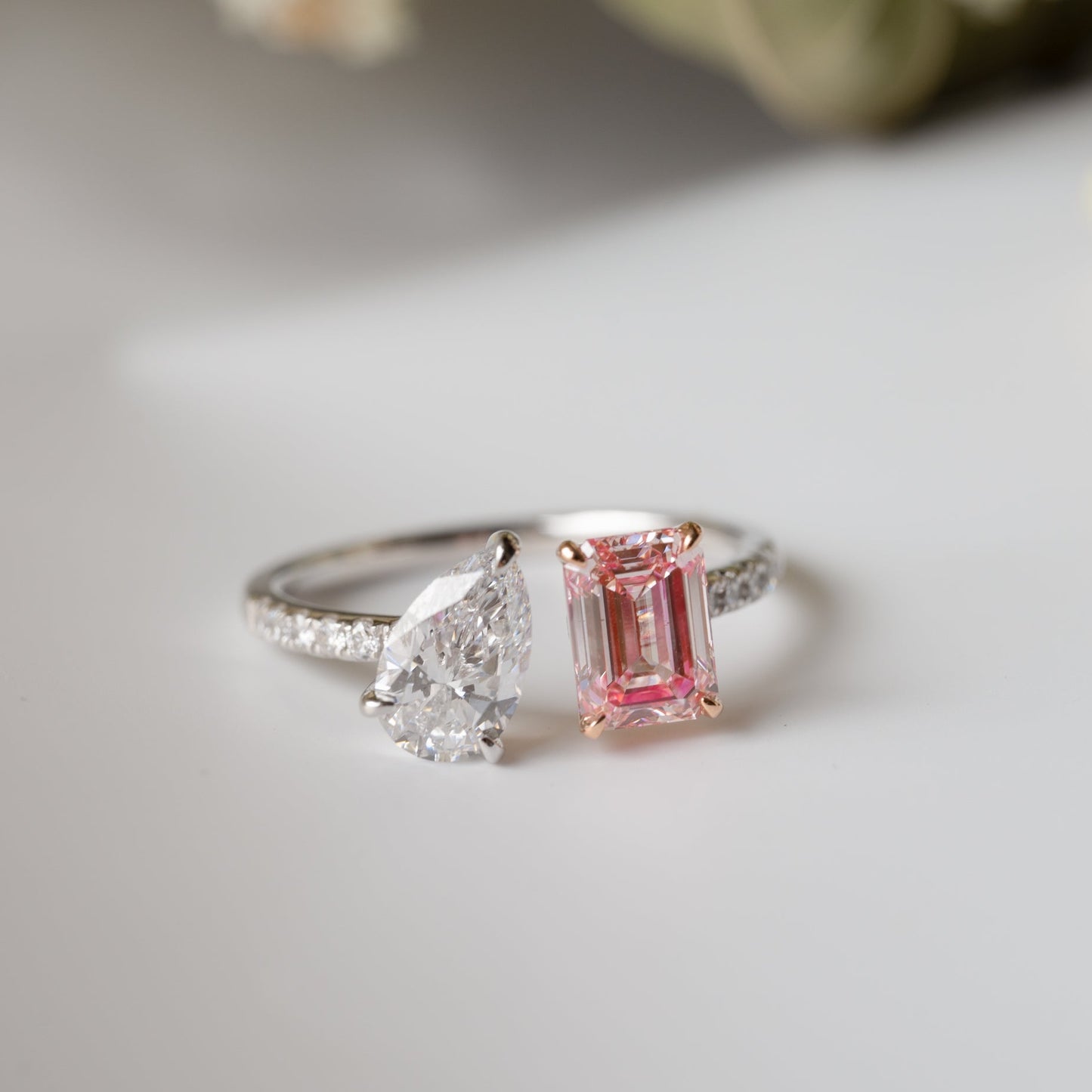 Lab Grown Diamond | Emerald Cut Pink Diamond and Pear Diamond Open Ring