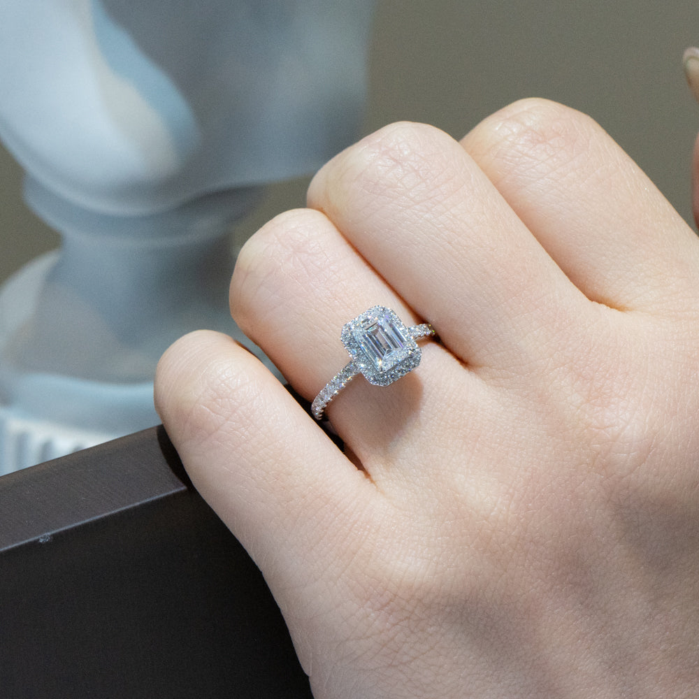 Lab Grown Diamond | 1ct Emerald Cut Diamond with Halo and Pave Band