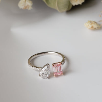 Lab Grown Diamond |  Emerald Cut Pink Diamond and Pear Diamond Open Ring