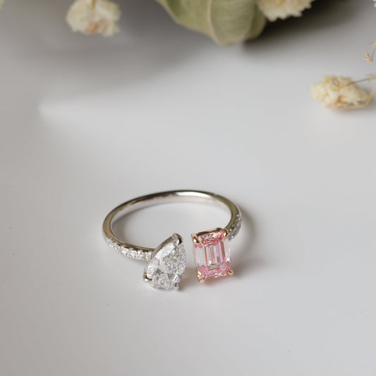 Lab Grown Diamond |  Emerald Cut Pink Diamond and Pear Diamond Open Ring