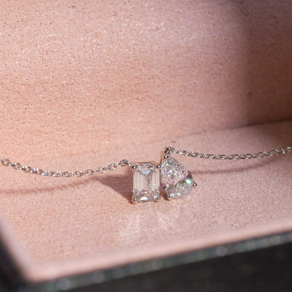 Lab Grown Diamond |  Toi et Moi Pear and Emerald Cut Diamond Necklace