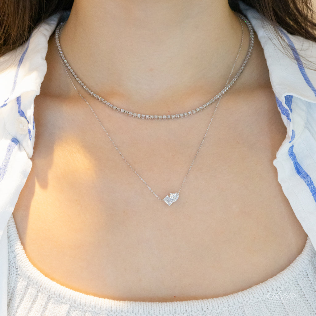 Lab Grown Diamond |  Toi et Moi Heart and Emerald Cut Diamond Necklace