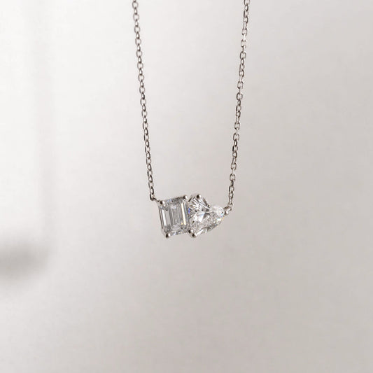 Lab Grown Diamond |  Toi et Moi Heart and Emerald Cut Diamond Necklace