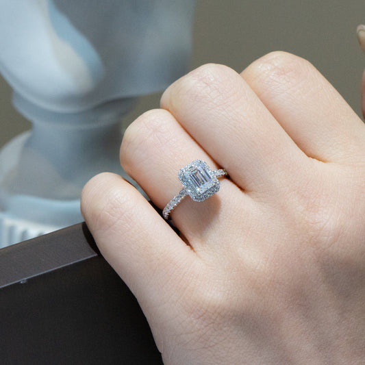 Lab Grown Diamond |  1ct Emerald Cut Diamond with Halo and Pave Band