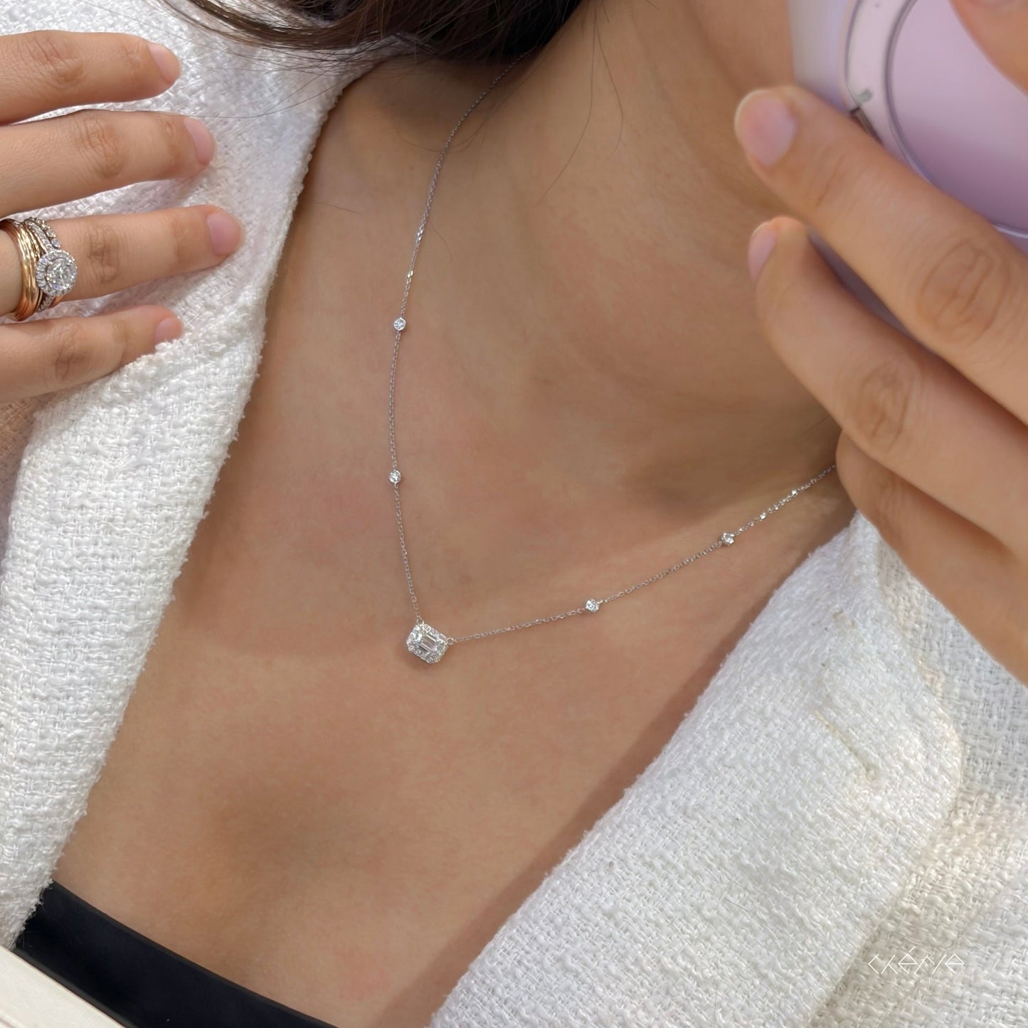 Lab Grown Diamond |  Emerald Cut Halo Necklace